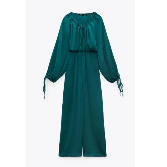 NWT ZARA TEAL SATIN EFFECT V-NECK JUMPSUIT SIZE XL - Picture 4 of 7